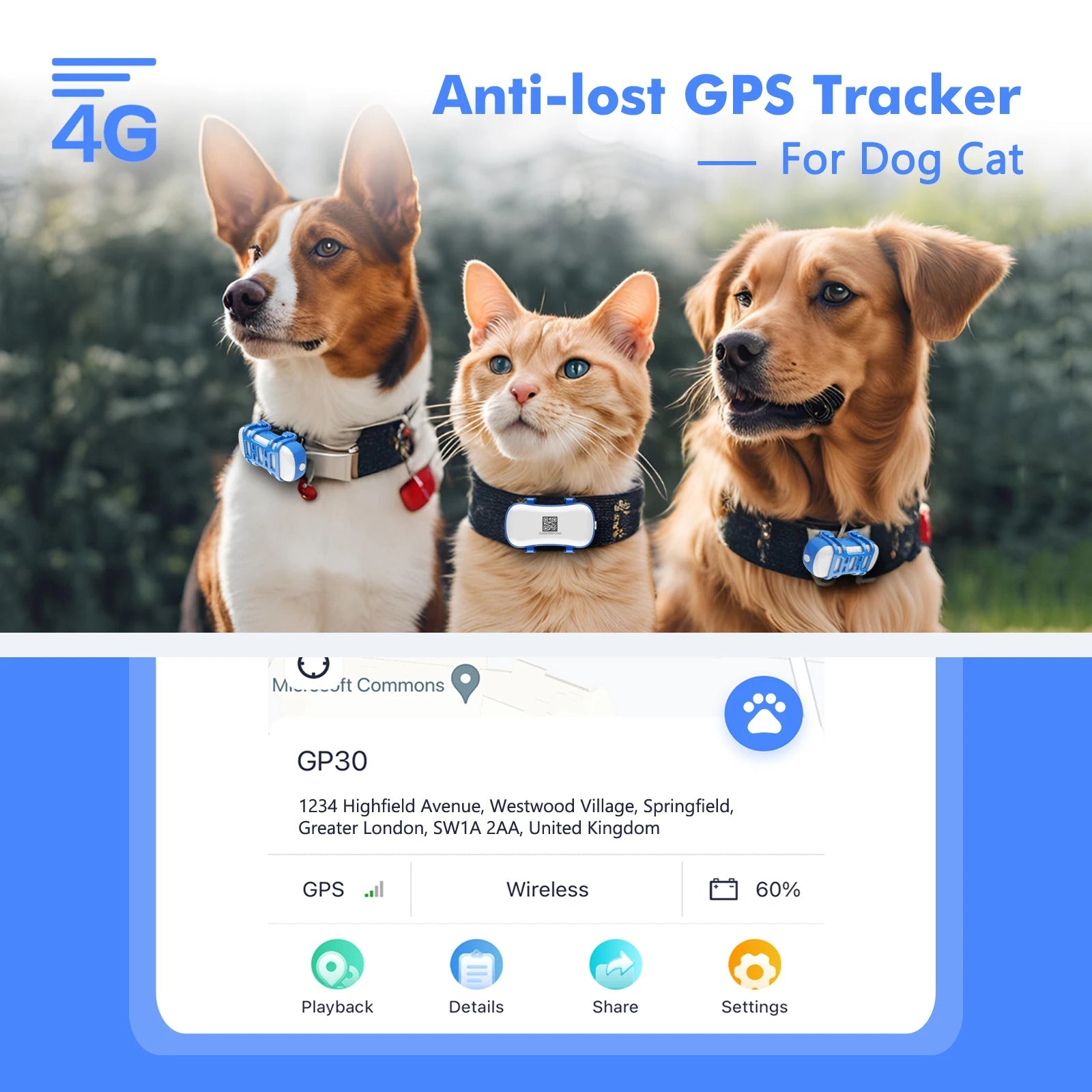 Smart Pet Tracker - Waterproof GPS Locator with Light Sound for Dogs and Cats