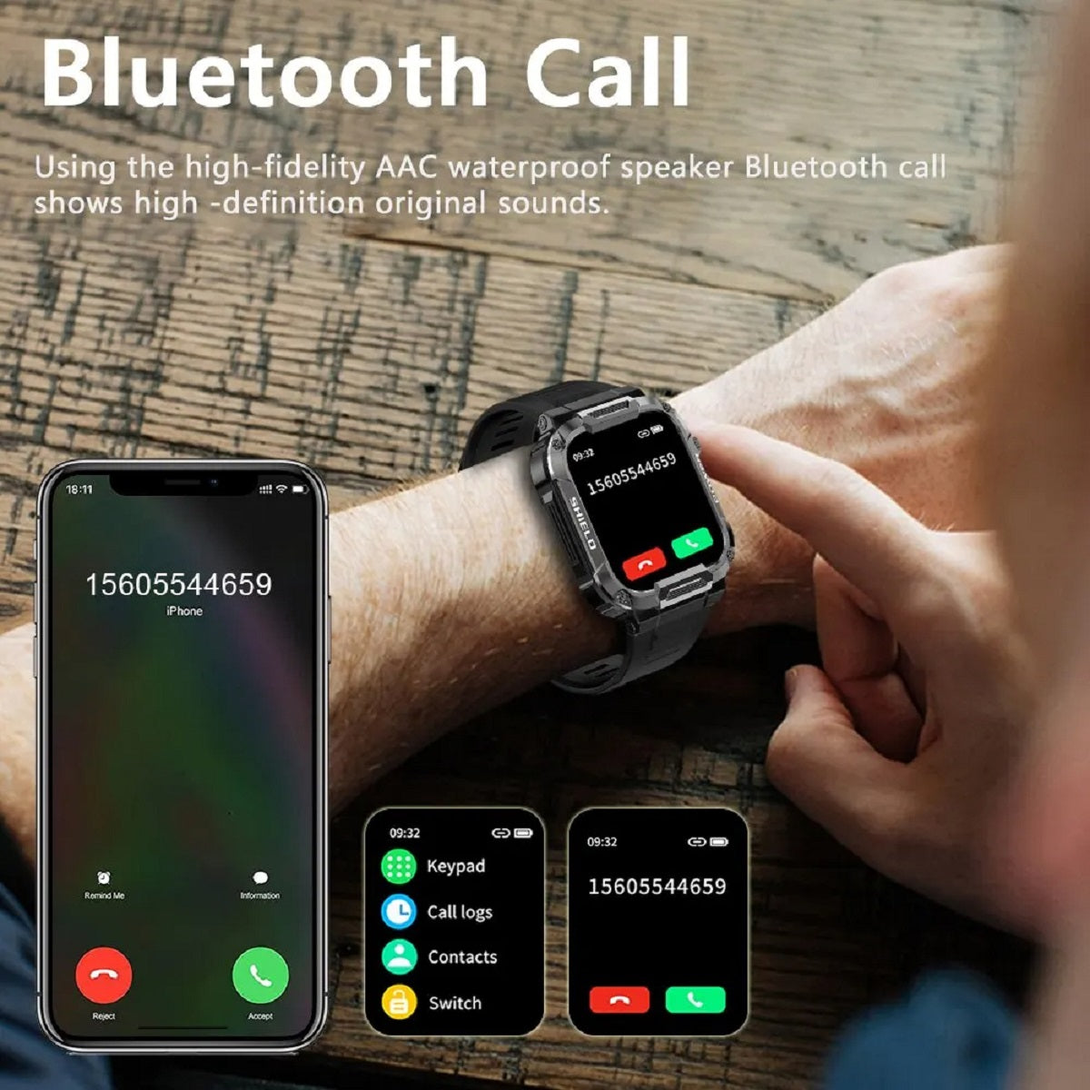 Men's 1.85" Military Smartwatch - Bluetooth Call IP68 Waterproof Fitness Watch