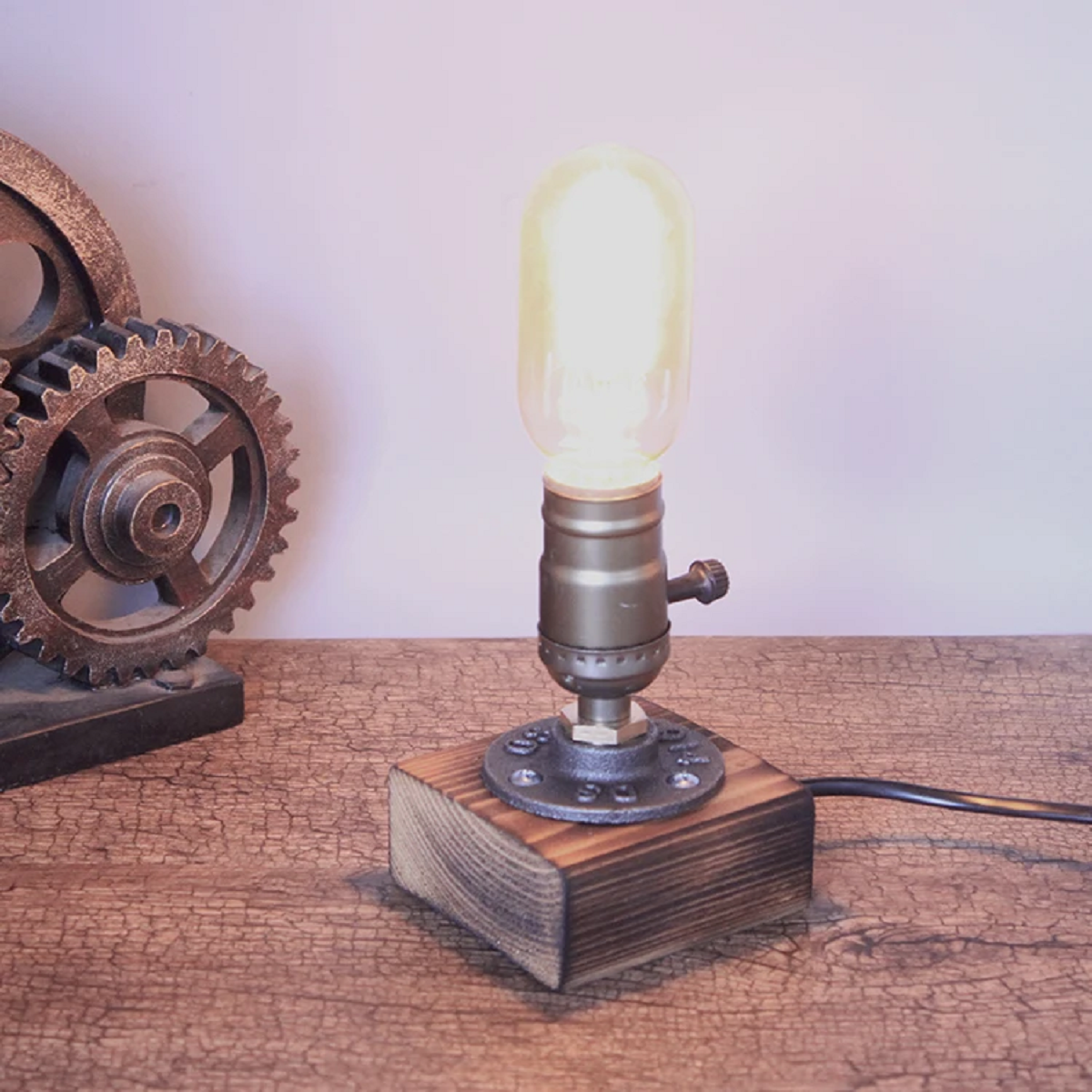 Vintage Steam Punk Piping Table Wood Desk Lamp