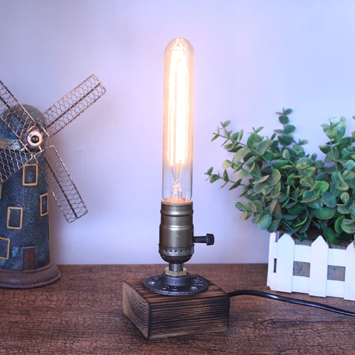 Vintage Steam Punk Piping Table Wood Desk Lamp