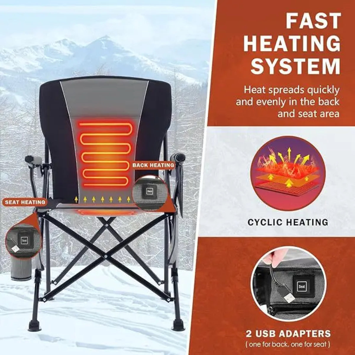 Heated Folding Camping Chair - Portable Heavy-Duty with Cup Holder