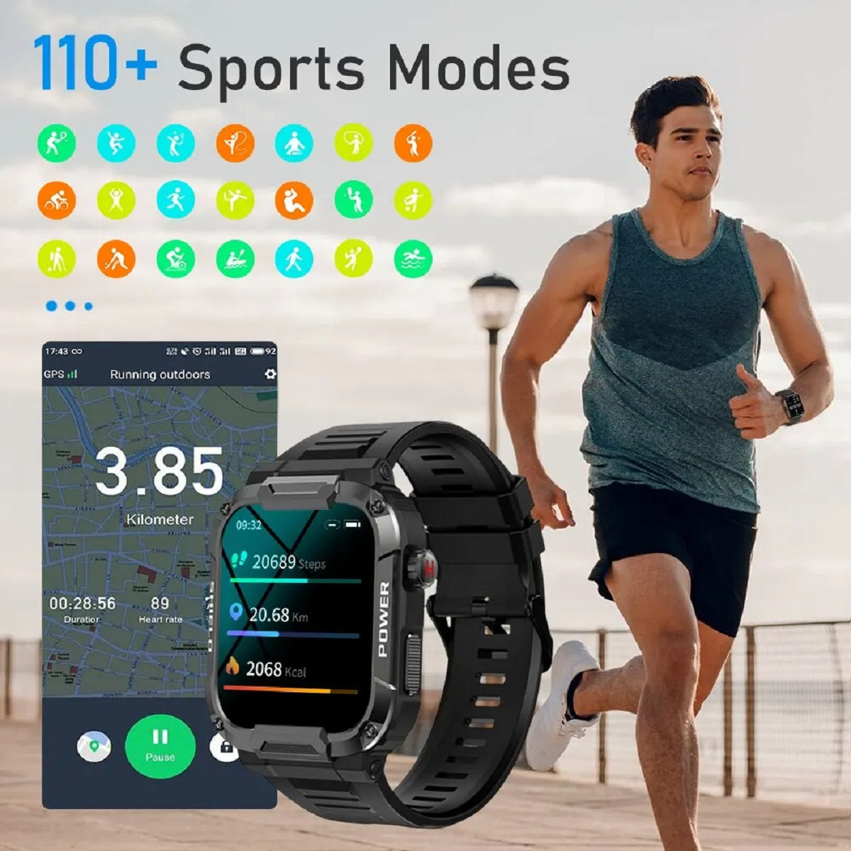 Men's 1.85" Military Smartwatch - Bluetooth Call IP68 Waterproof Fitness Watch