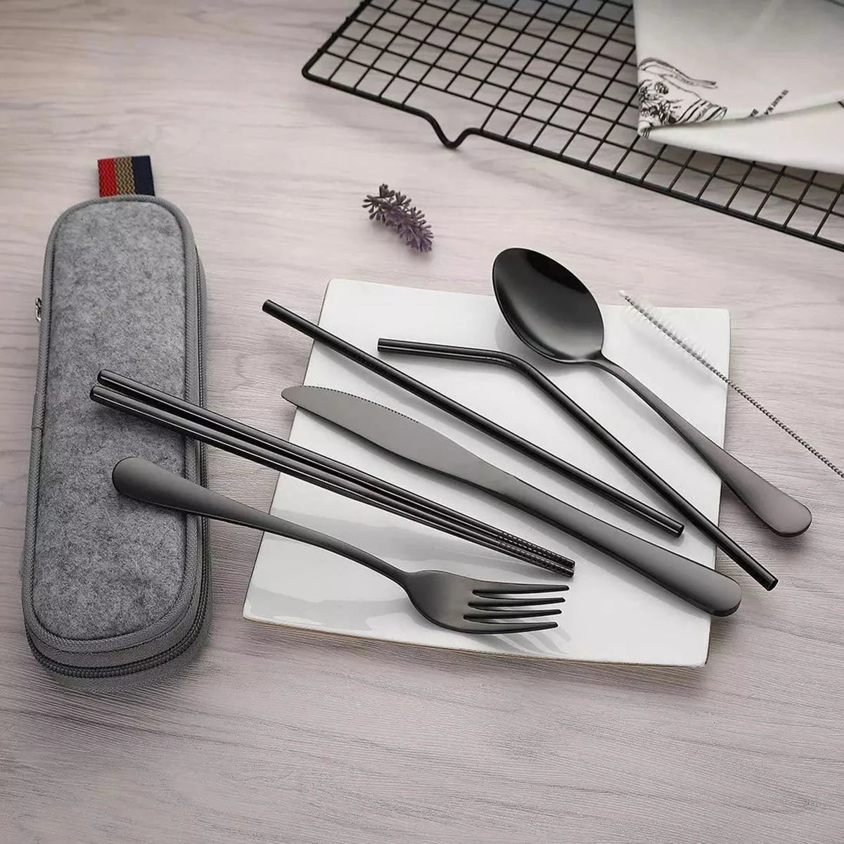 8pcs Reusable Travel Cutlery with Case Stainless Steel Camping Flatware Set
