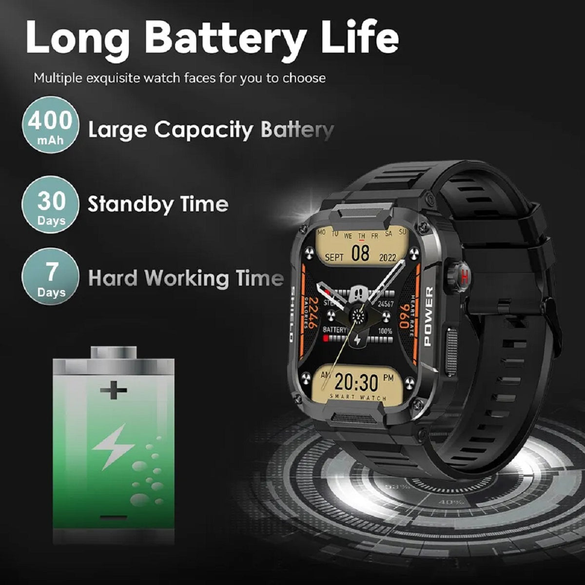 Men's 1.85" Military Smartwatch - Bluetooth Call IP68 Waterproof Fitness Watch