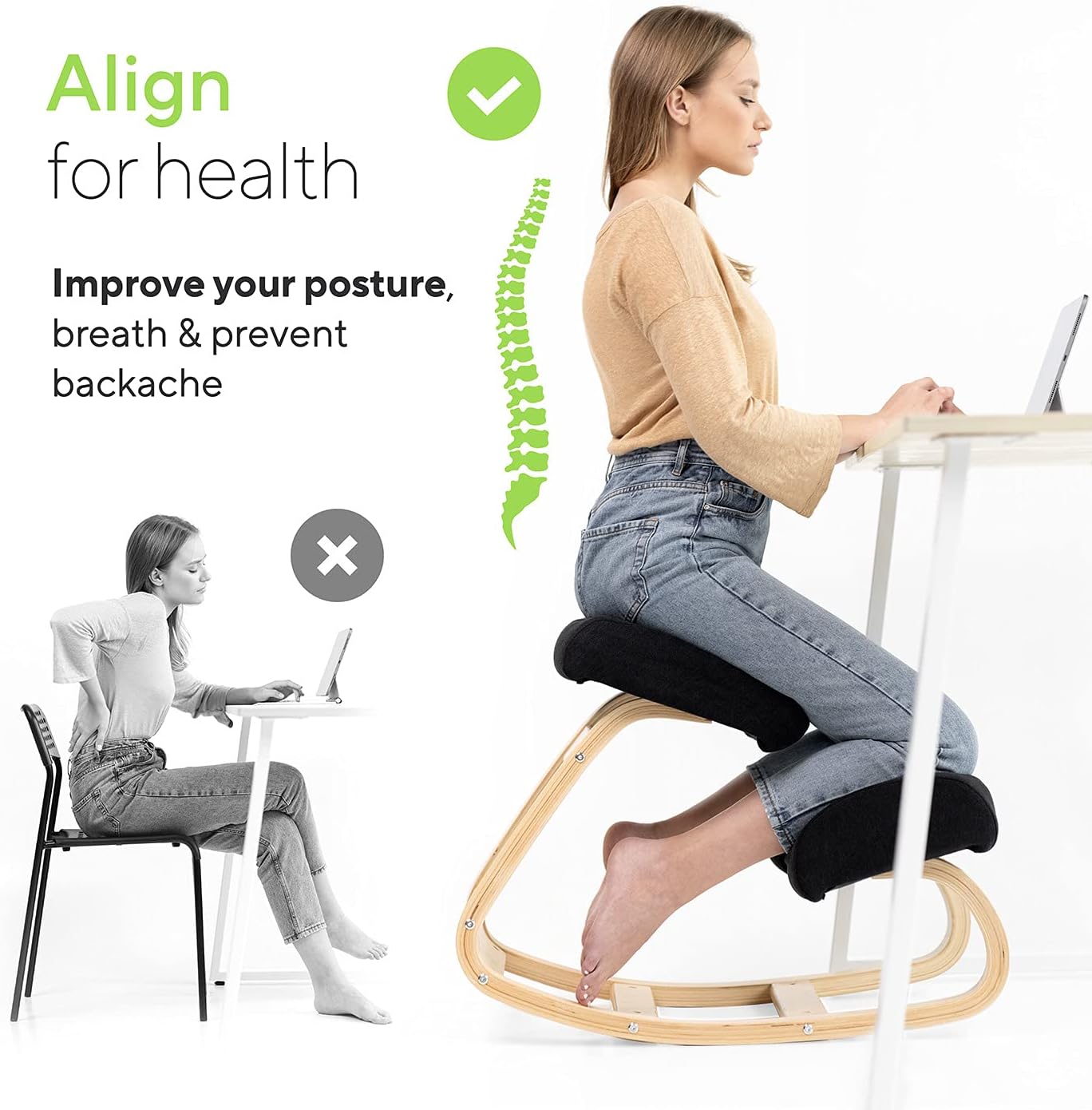 Ergonomic Kneeling Chair - Posture Support Rocking Stool with Thick Cushion