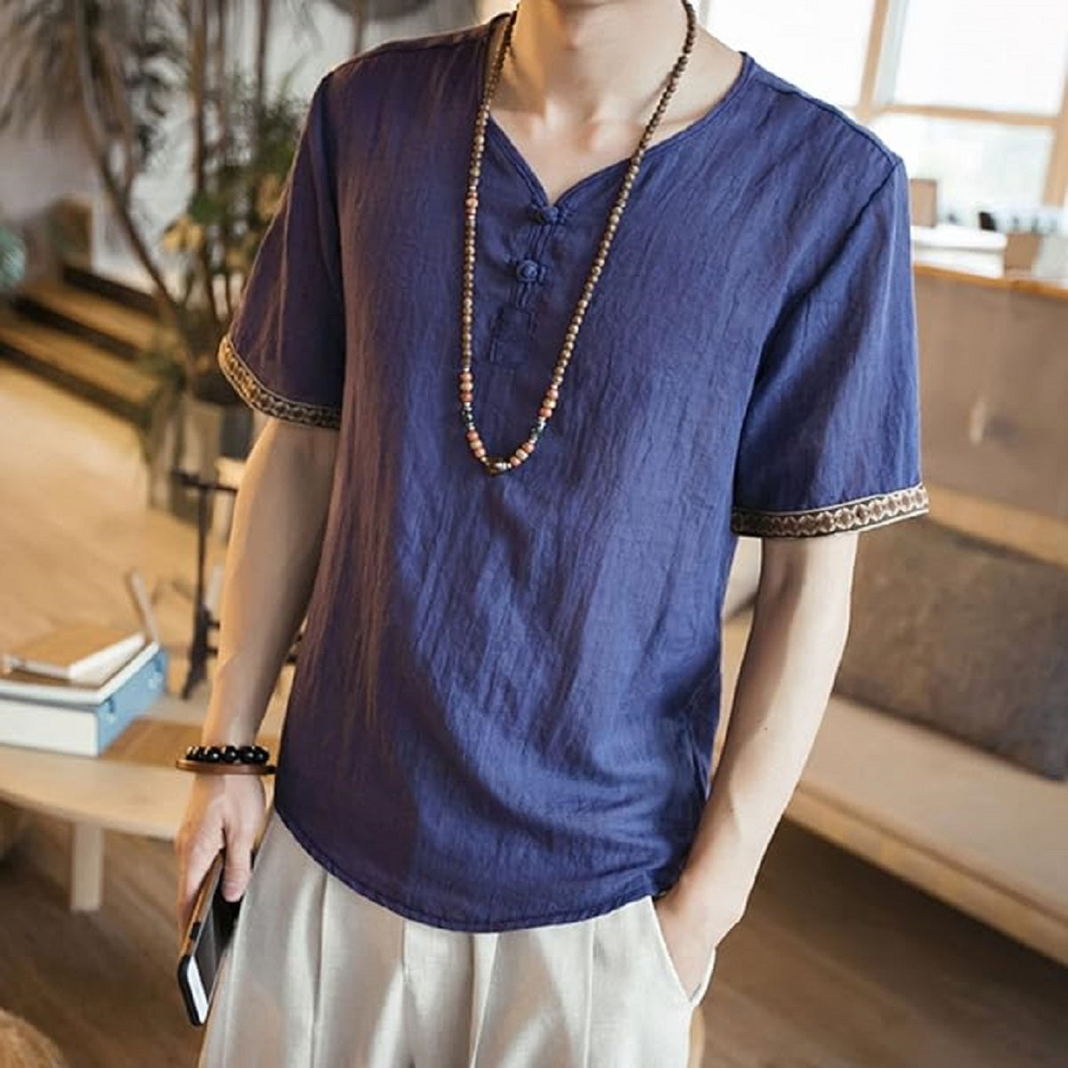 Men's Summer Short Sleeve Shirt - Lightweight Korean Style Plain Blouse Tee