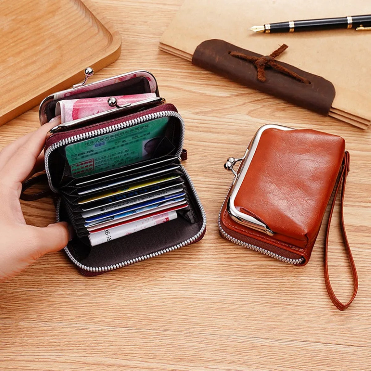 Women's Wallet Wrist Vintage Coin Purse with Zipper and Kiss Lock