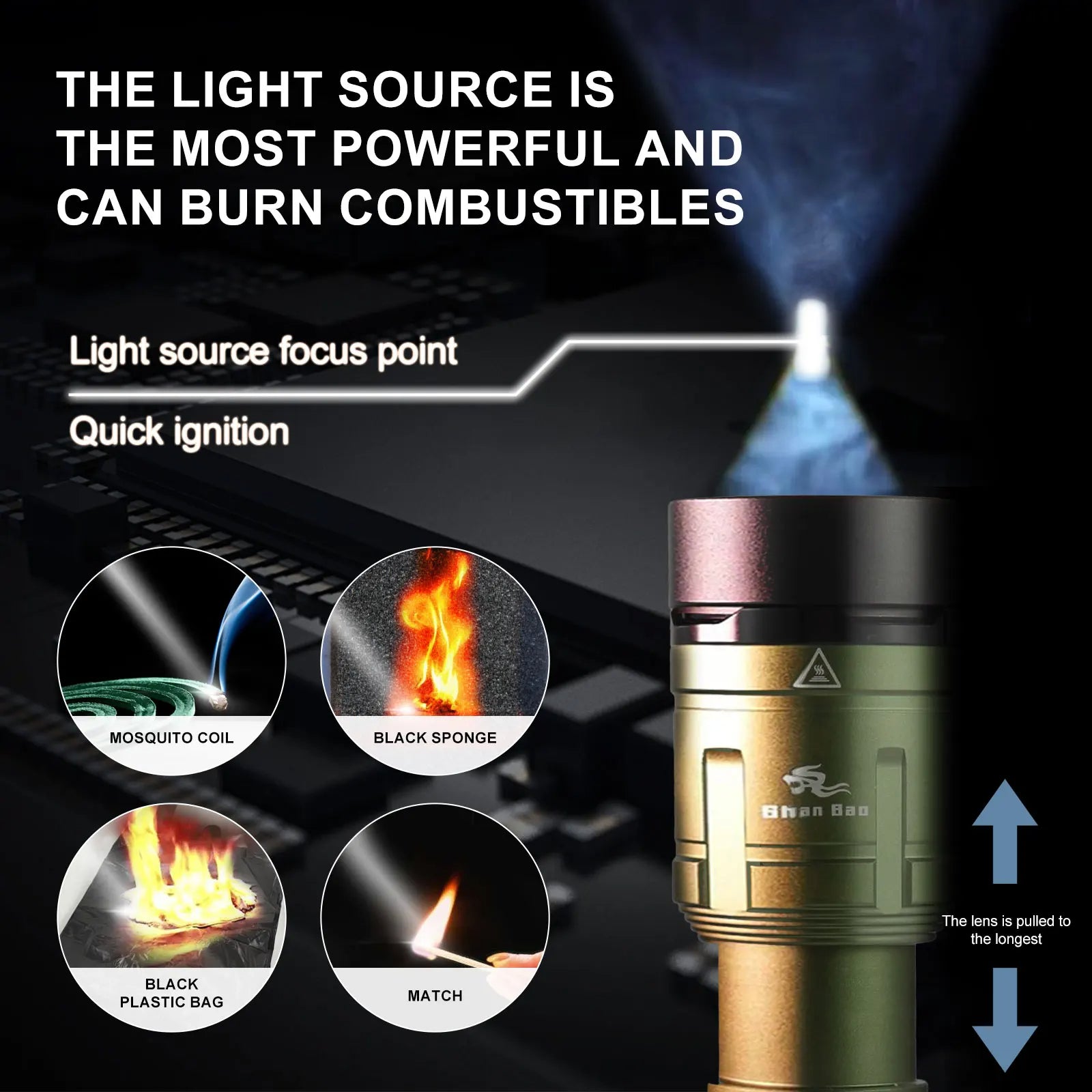 Waterproof Zoom Flashlight - Ultra-Bright Focused Beam with Flame