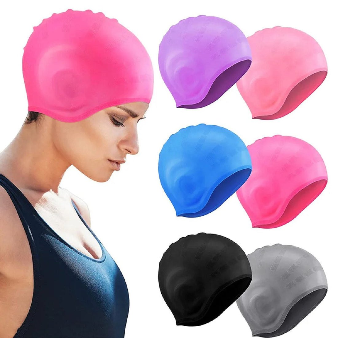 Waterproof Silicone Swim Cap - Non-Slip Pool Cap with Ear Protection