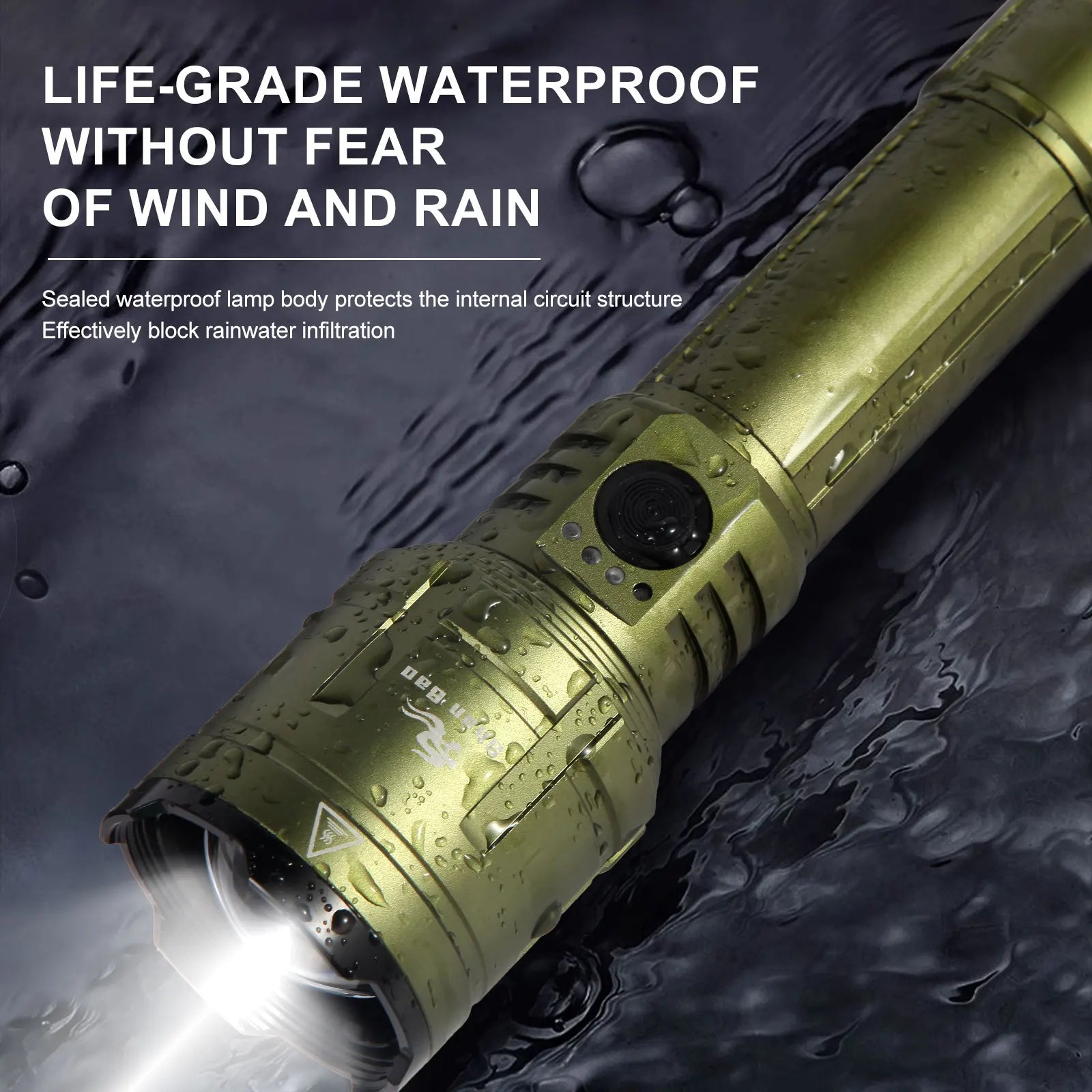 Waterproof Zoom Flashlight - Ultra-Bright Focused Beam with Flame