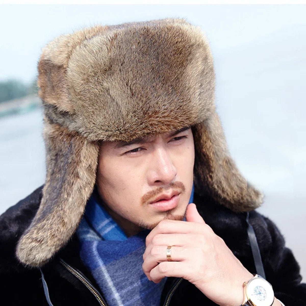 Men's Fur Bomber Hat - Winter Earflap Cap