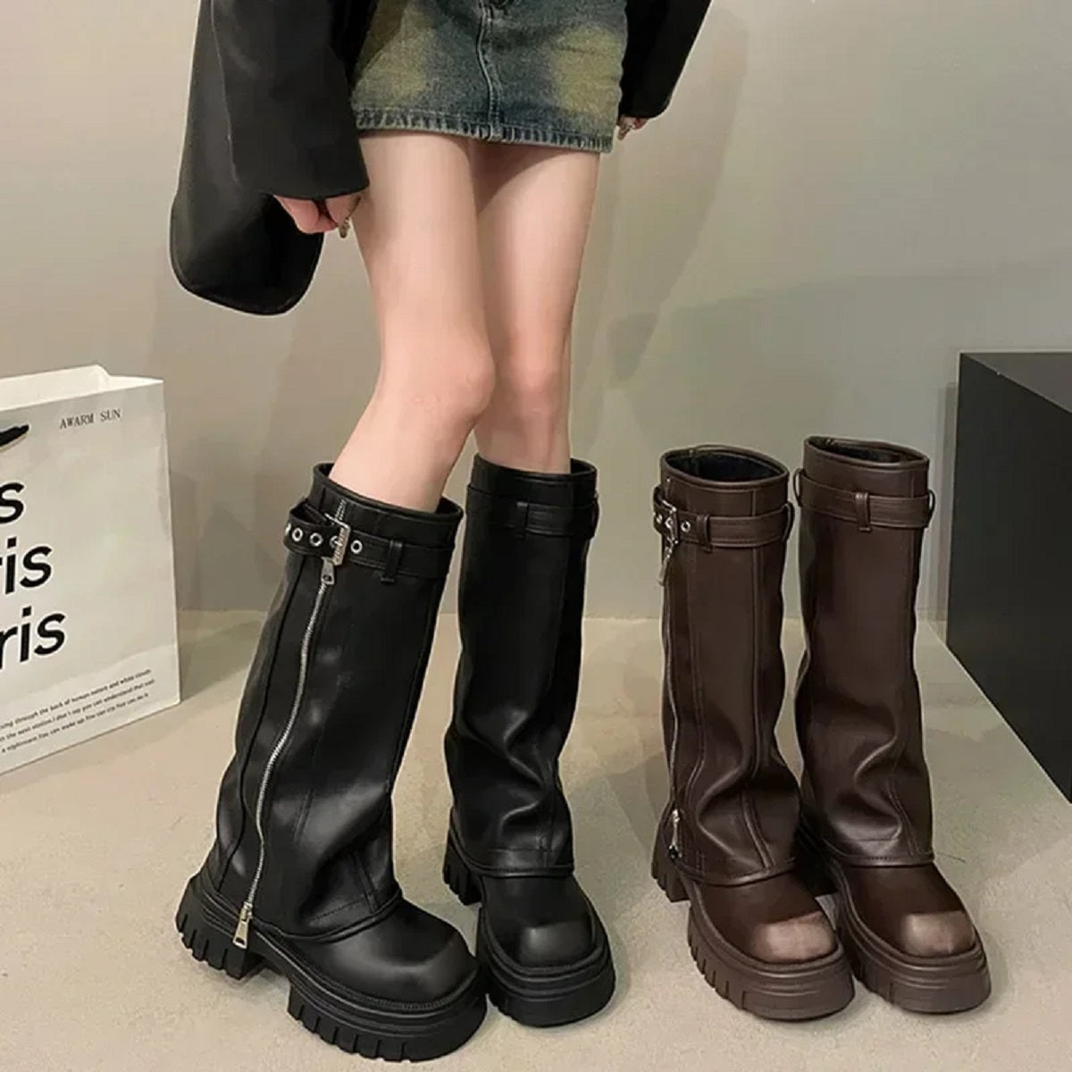 Women's Knee High Booties Winter Biker Square Toe Boots