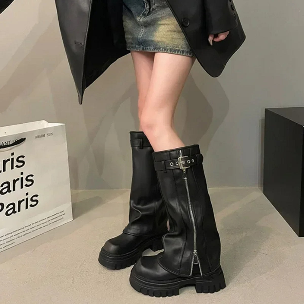 Women's Knee High Booties Winter Biker Square Toe Boots