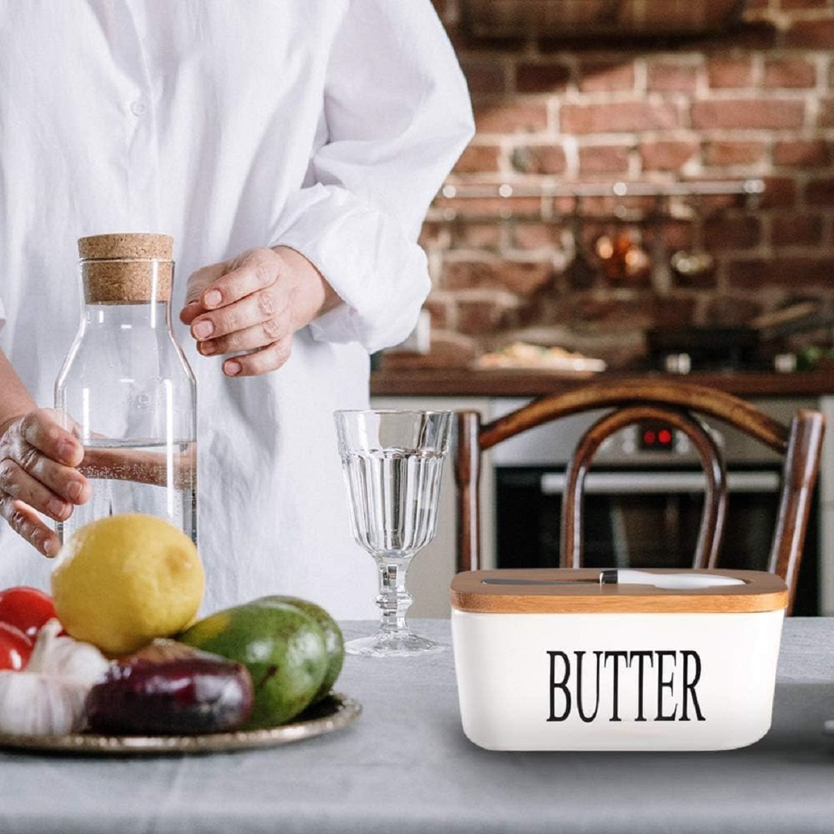 Ceramic Butter Box Dish with Wooden Lid and Knife