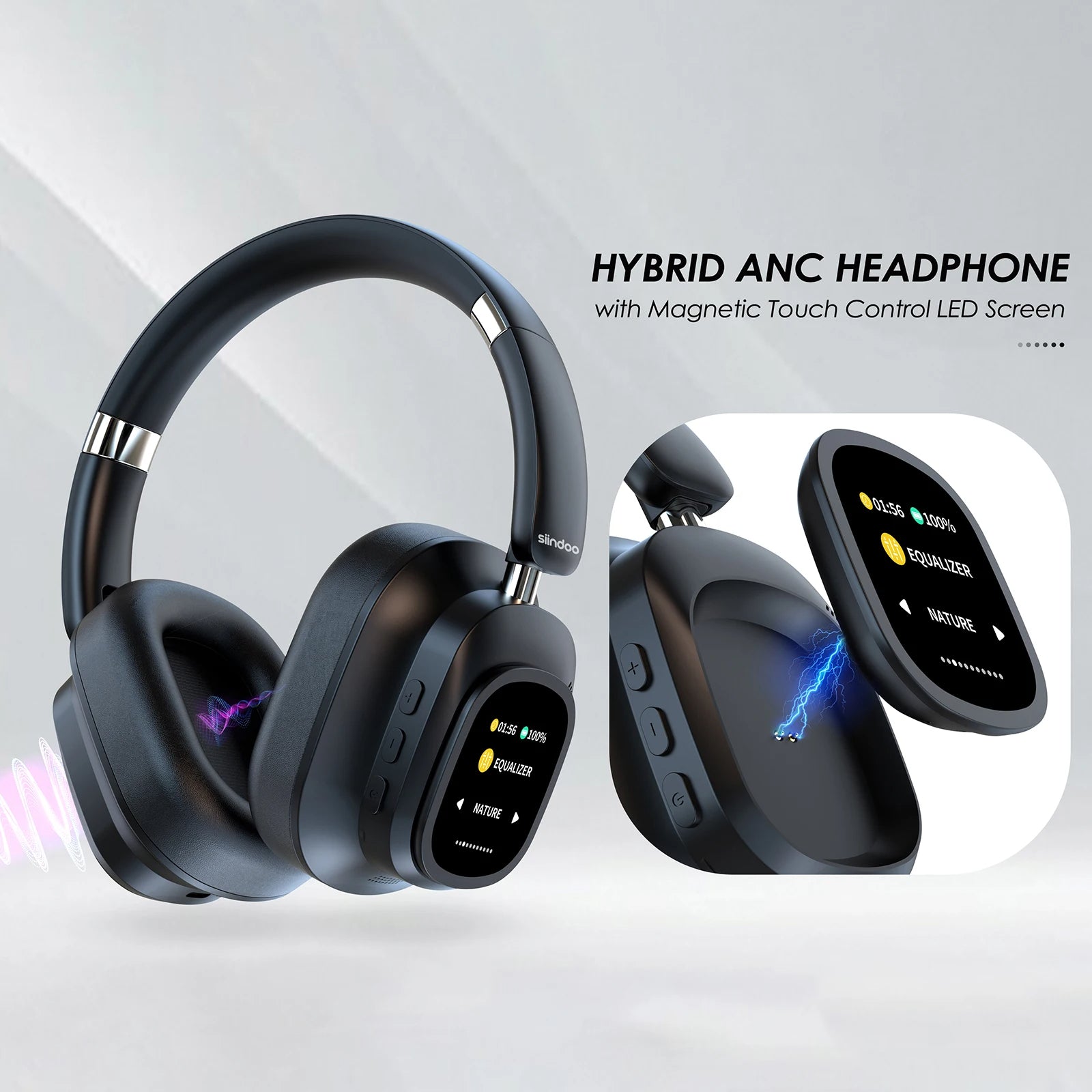 Hybrid Wireless Headphones - Headset with LED Screen and Magnetic Touch Control