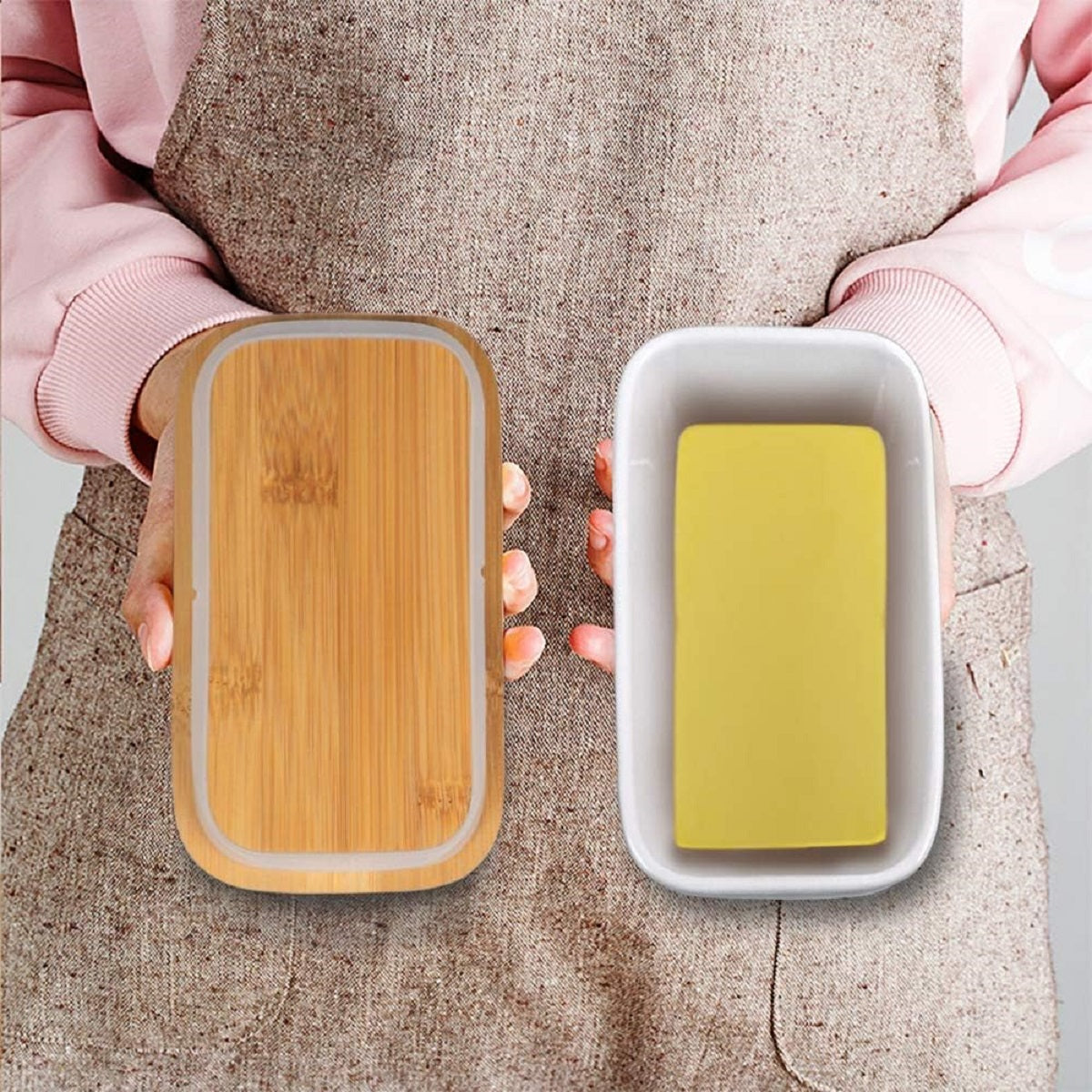 Ceramic Butter Box Dish with Wooden Lid and Knife