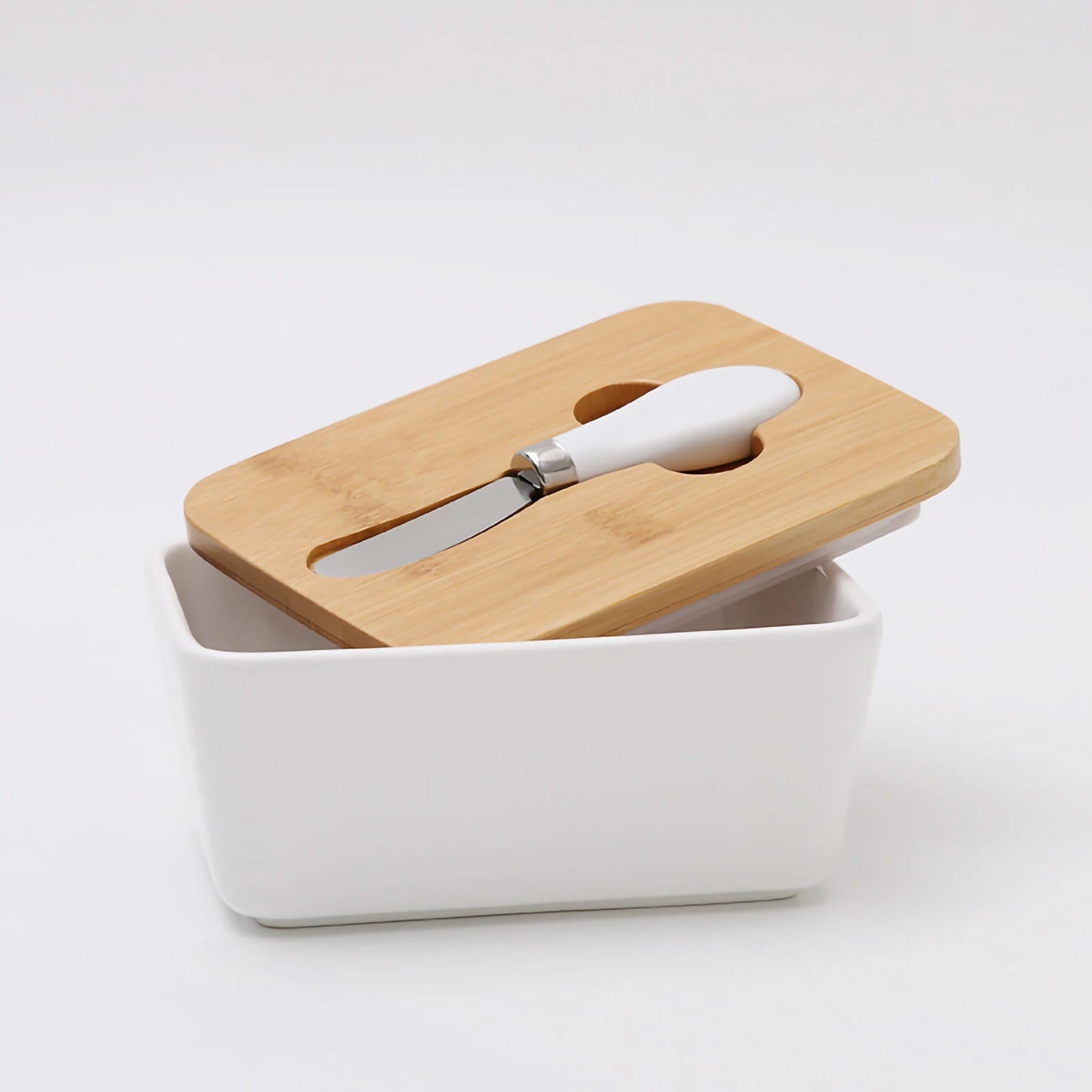 Ceramic Butter Box Dish with Wooden Lid and Knife