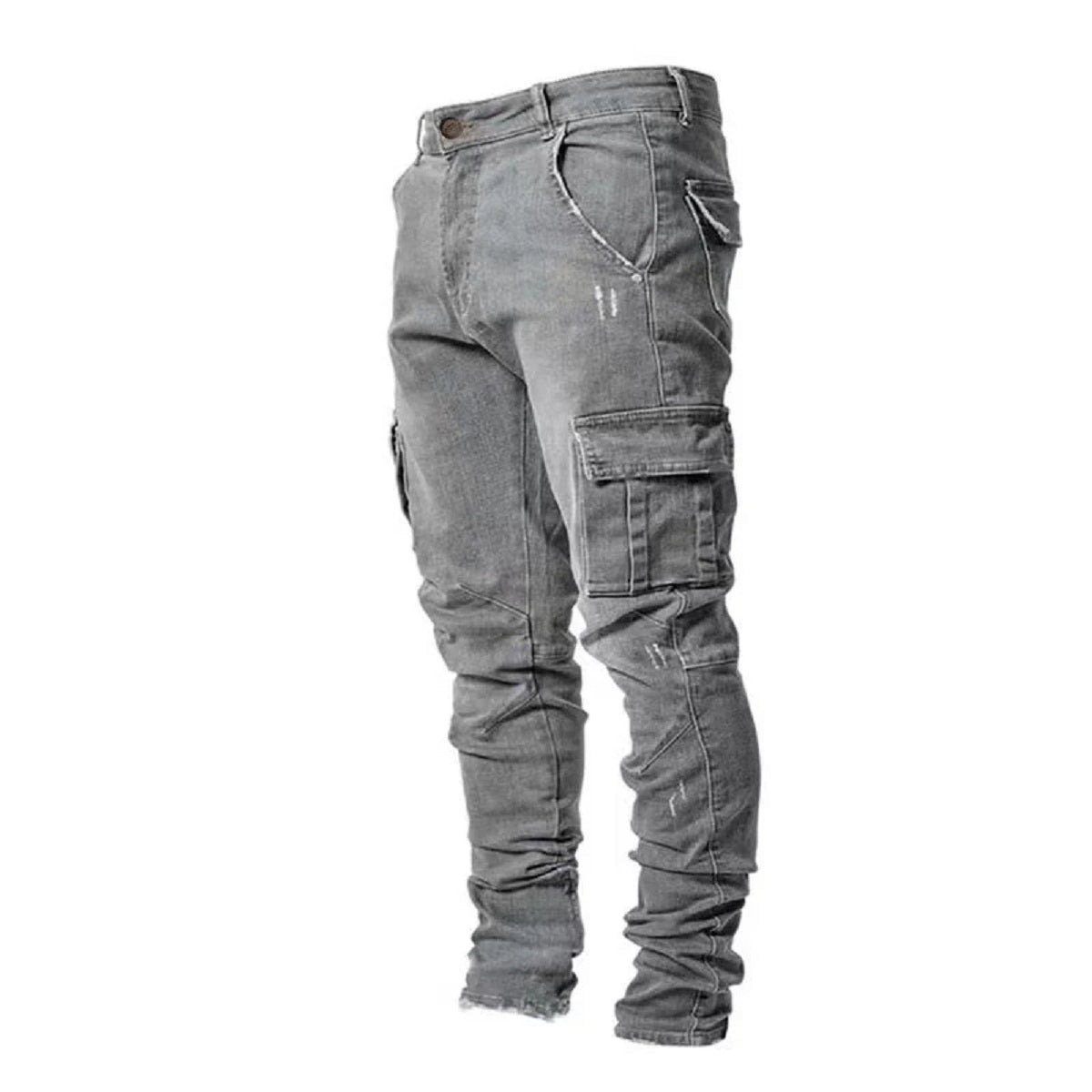 Men's Elastic Denim Cargo Joggers - Slim Fit Multi-Pocket Mid-Waist Casual Pants