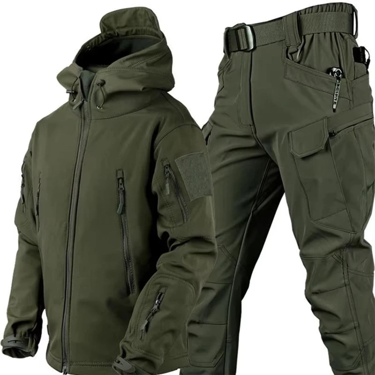 Men's Winter Tactical Jacket Set - Waterproof Softshell with Fleece Lining and Cargo Trousers