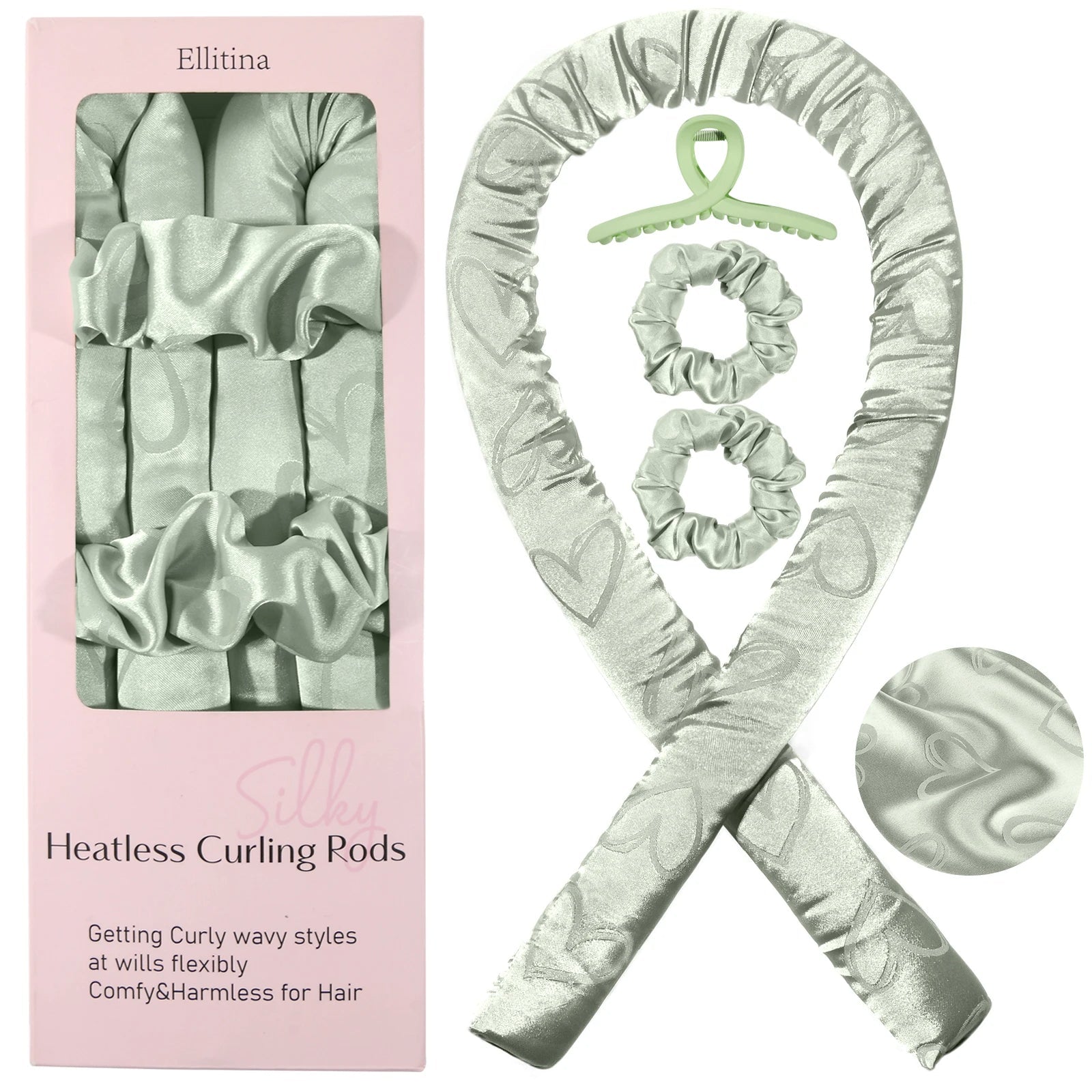4-Pc Silk Heatless Curling Gift Kit - Love-Print Rods and Satin Headband