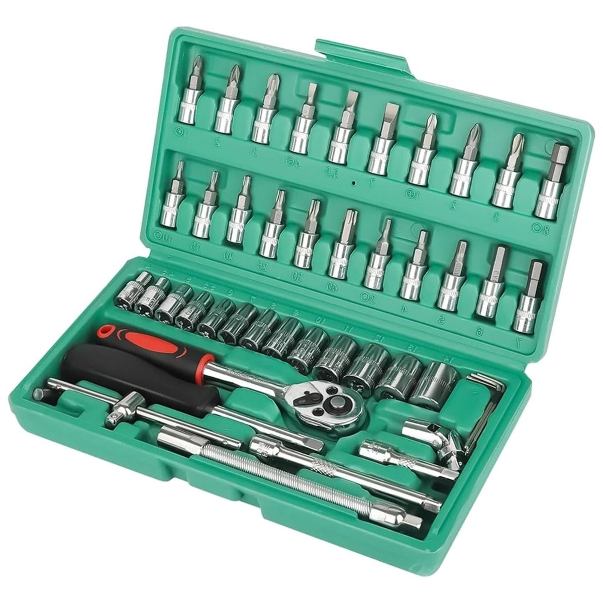 46-Piece Car Repair Tool Kit - 1/4-Inch Socket Set with Ratchet and Wrench