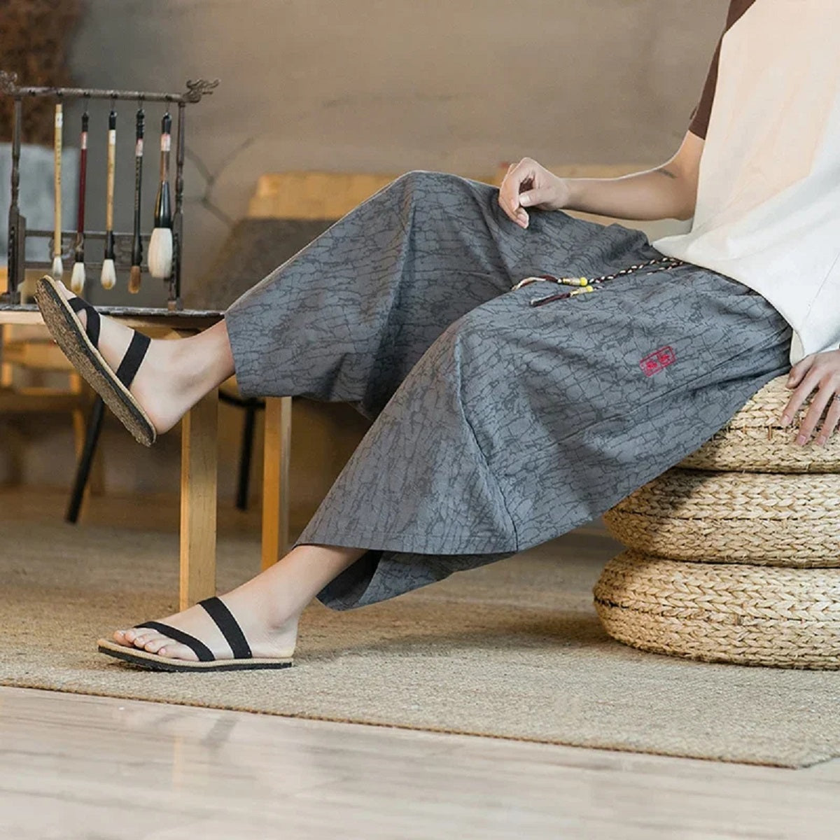 Men's Japanese Kimono Shorts - Linen Wide-Leg Pants