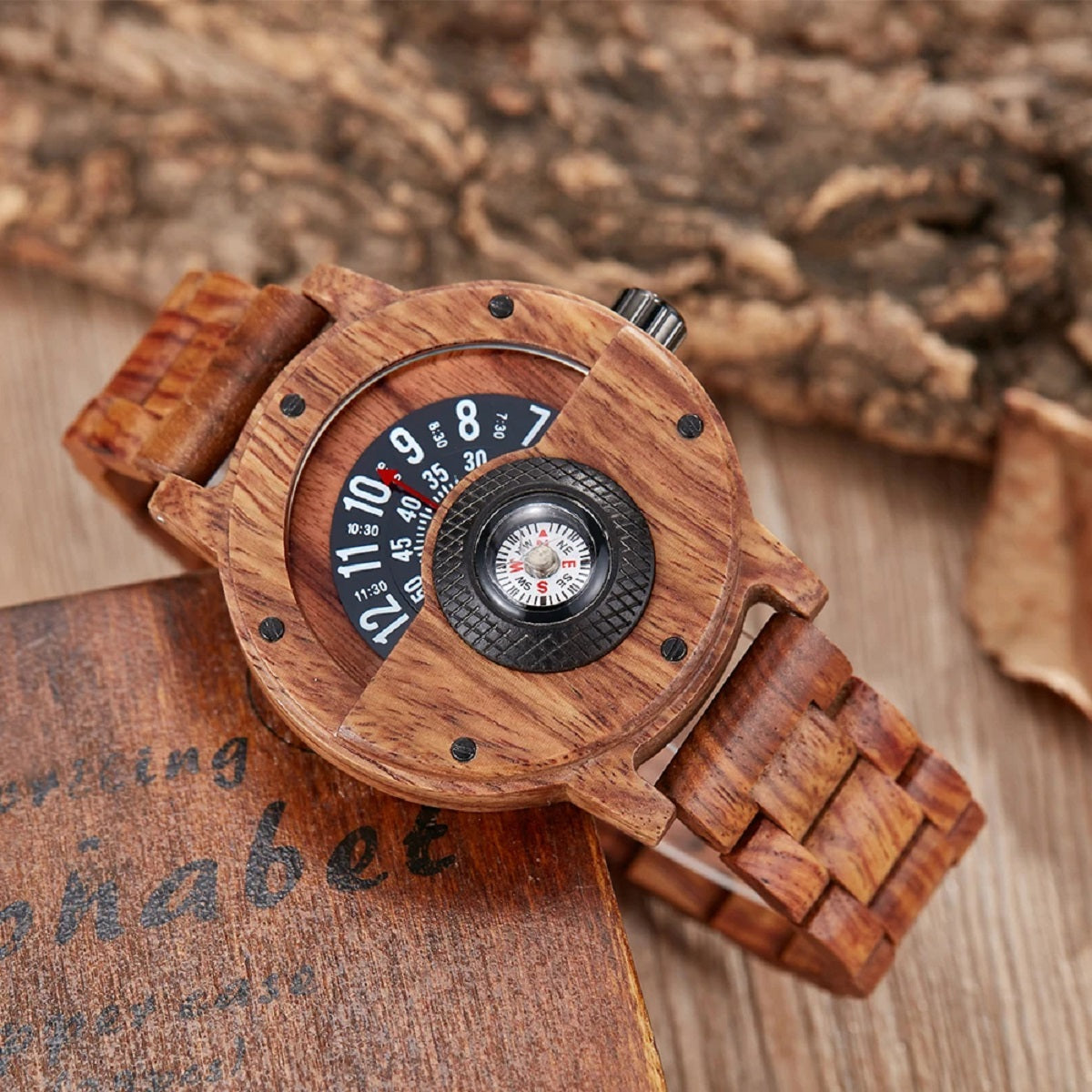 Turntable Compass Wooden Watch - Real Walnut & Ebony Timepiece for Men