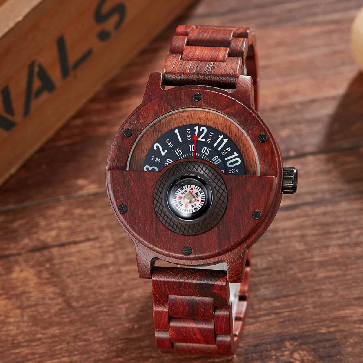 Turntable Compass Wooden Watch - Real Walnut & Ebony Timepiece for Men