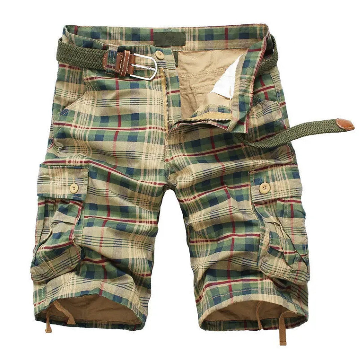 Men's Plaid Beach Shorts - Casual Summer Military-Style Short Pants