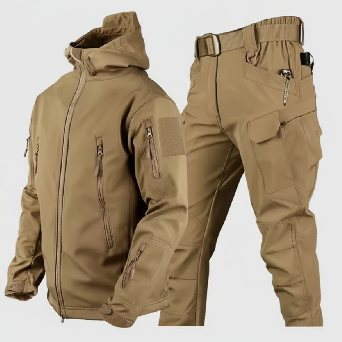 Men's Winter Tactical Jacket Set - Waterproof Softshell with Fleece Lining and Cargo Trousers