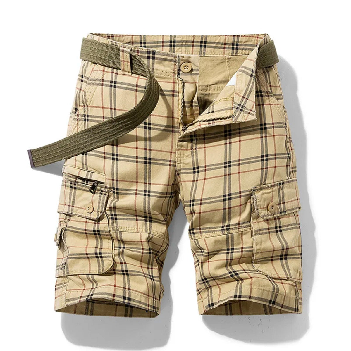 Men's Plaid Cargo Shorts - Cotton Quick-Dry Breeches with Multi Pockets