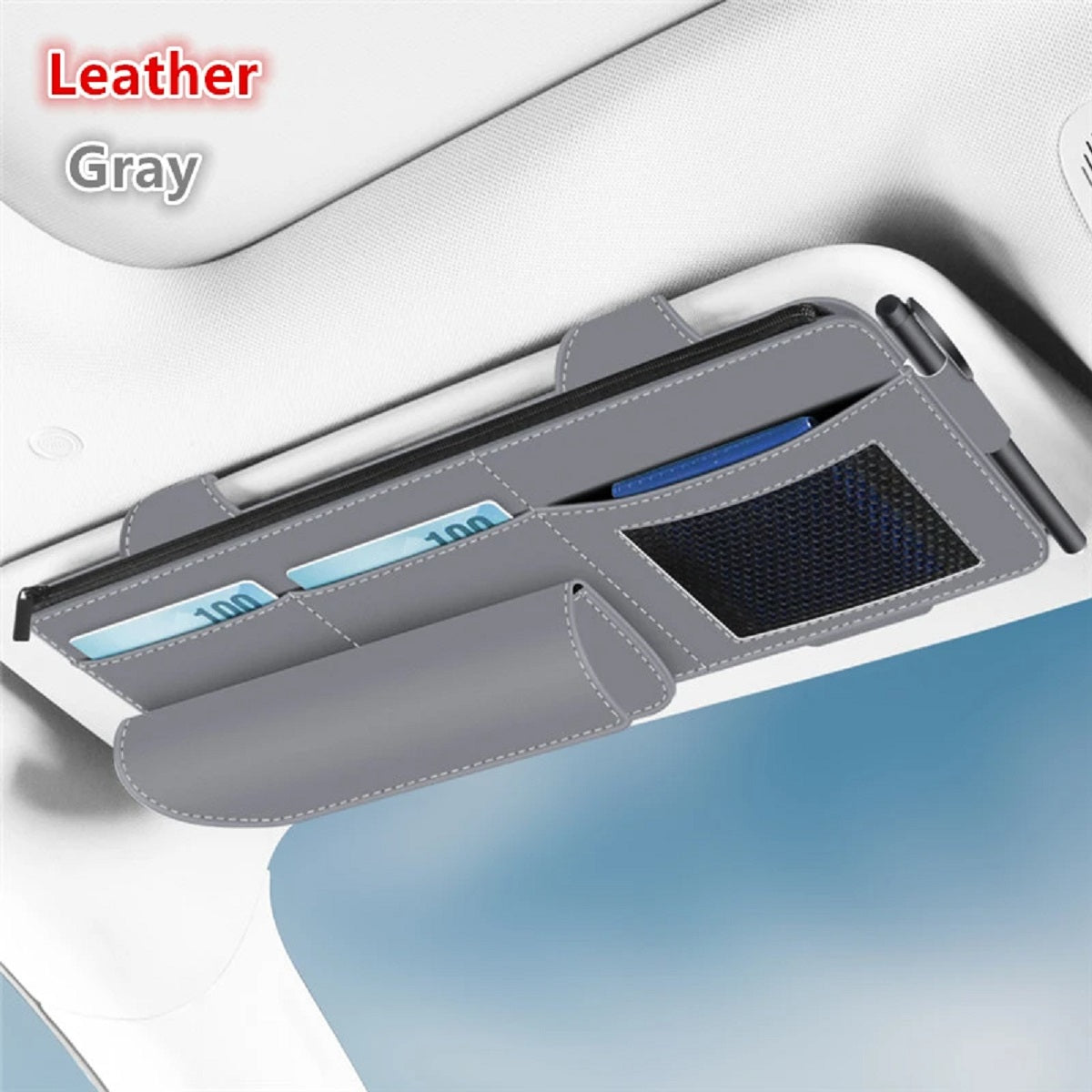 Car Sun Visor Organiser - Suede Leather Storage Bag with Glasses Clip and Card Holder