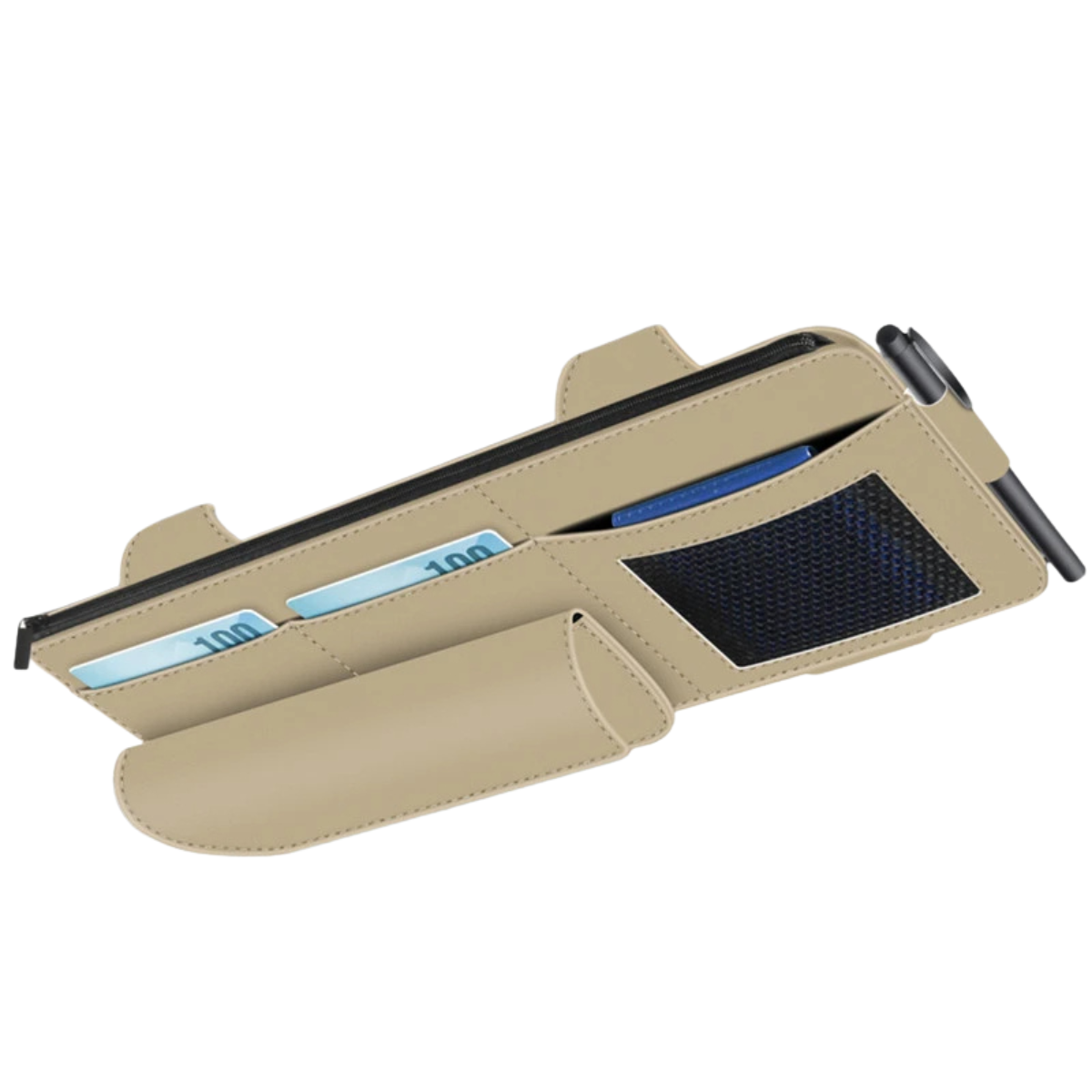 Car Sun Visor Organiser - Suede Leather Storage Bag with Glasses Clip and Card Holder