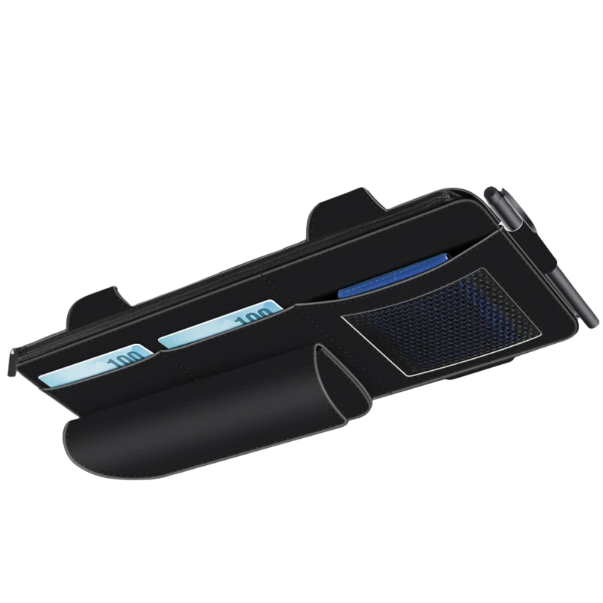 Car Sun Visor Organiser - Suede Leather Storage Bag with Glasses Clip and Card Holder