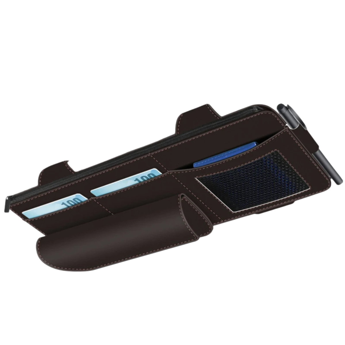 Car Sun Visor Organiser - Suede Leather Storage Bag with Glasses Clip and Card Holder