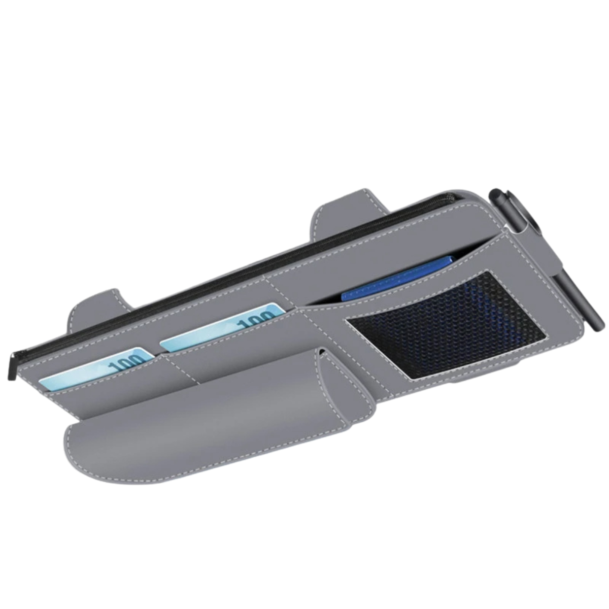 Car Sun Visor Organiser - Suede Leather Storage Bag with Glasses Clip and Card Holder