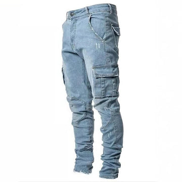 Men's Elastic Denim Cargo Joggers - Slim Fit Multi-Pocket Mid-Waist Casual Pants