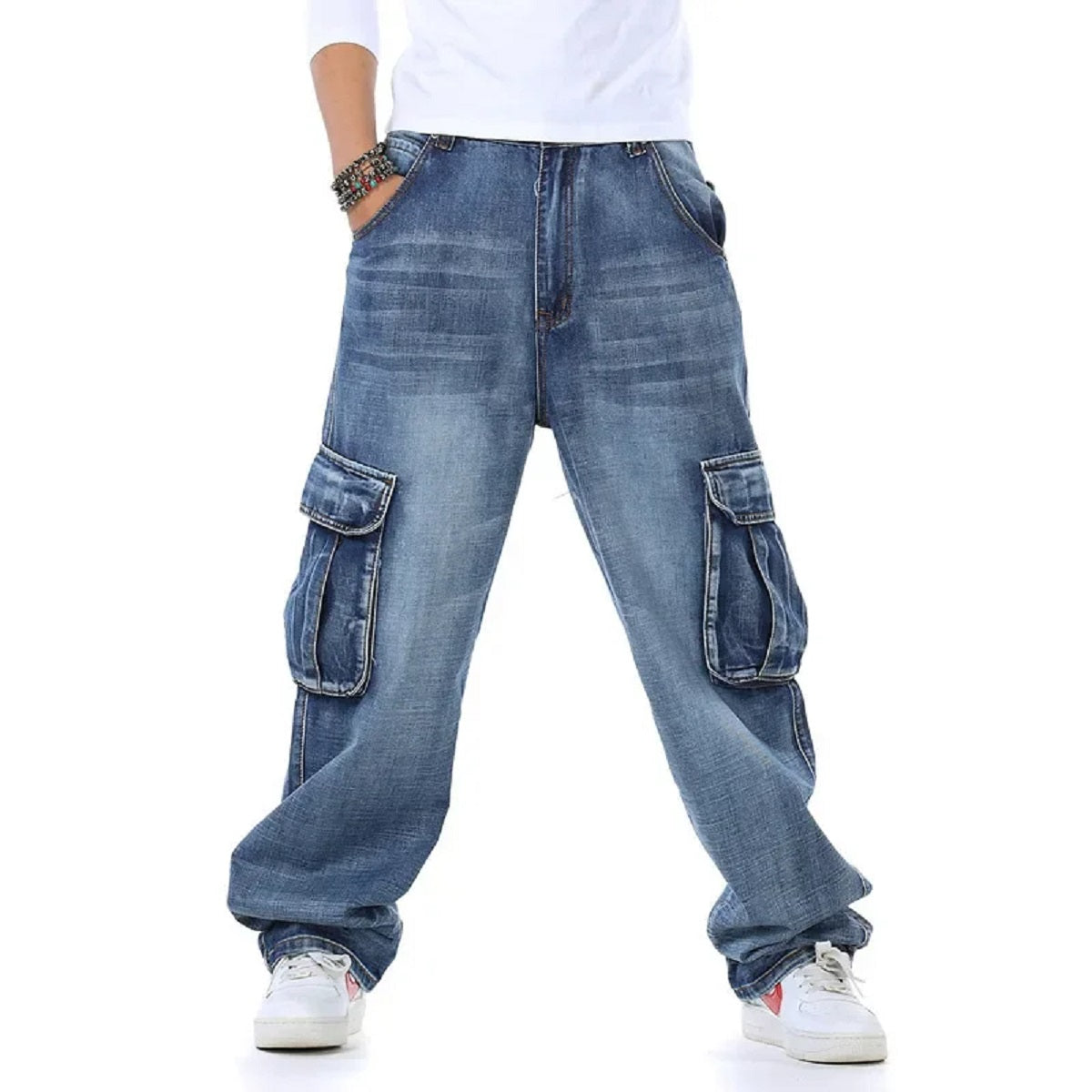 Men's Plus Size Baggy Jeans - Multi-Pocket Denim Trousers