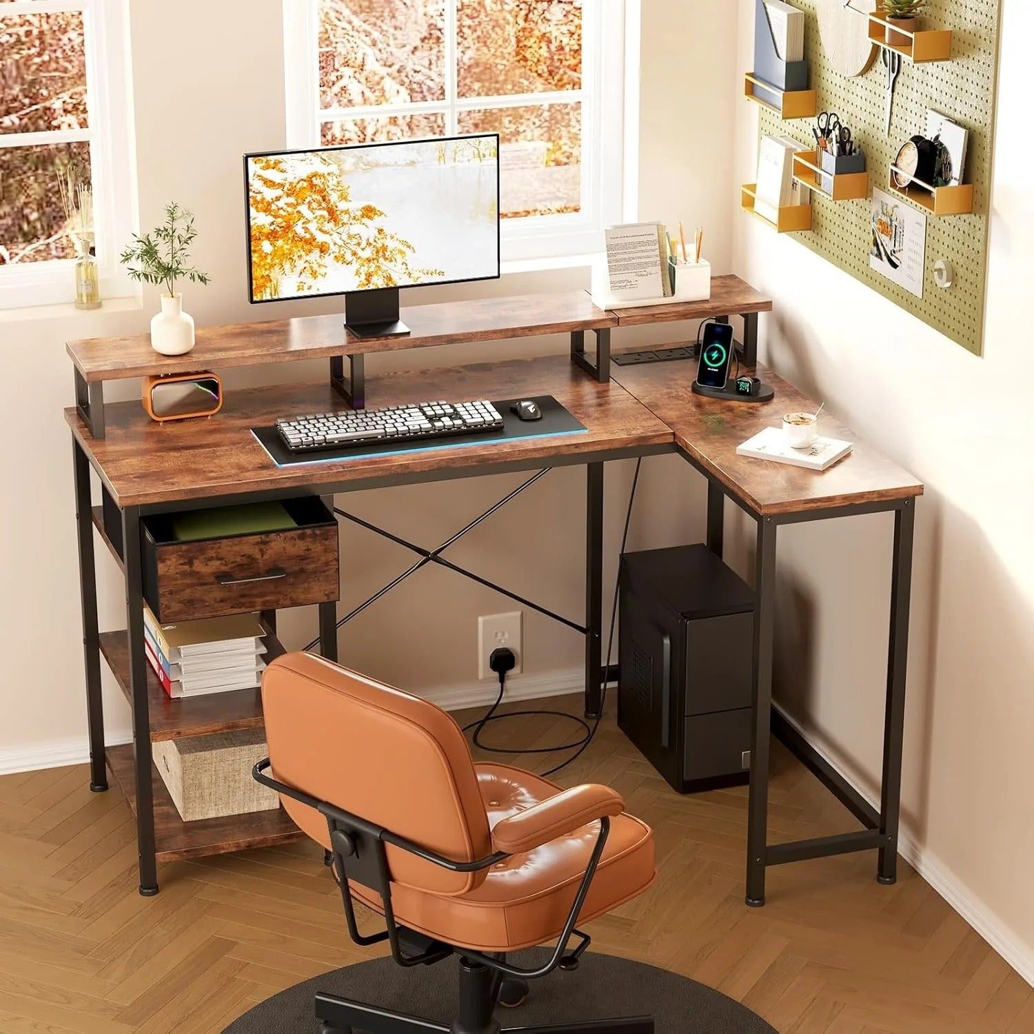 L-Shaped Desk with Power Outlet - Corner Computer Table with Storage