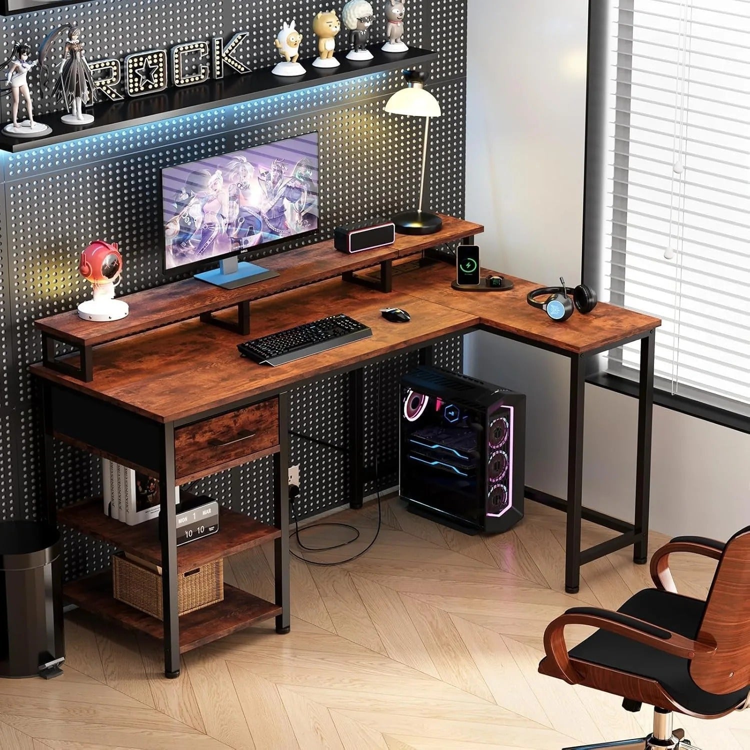L-Shaped Desk with Power Outlet - Corner Computer Table with Storage