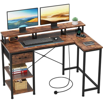 L-Shaped Desk with Power Outlet - Corner Computer Table with Storage