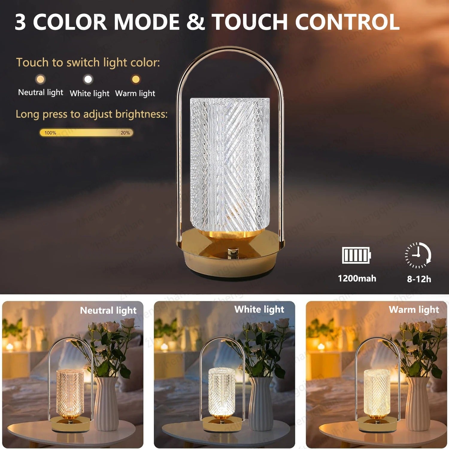 Wireless Crystal Table Lamp - Rechargeable LED Touch Light