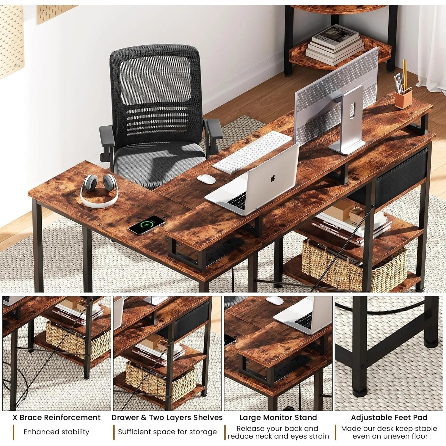 L-Shaped Desk with Power Outlet - Corner Computer Table with Storage