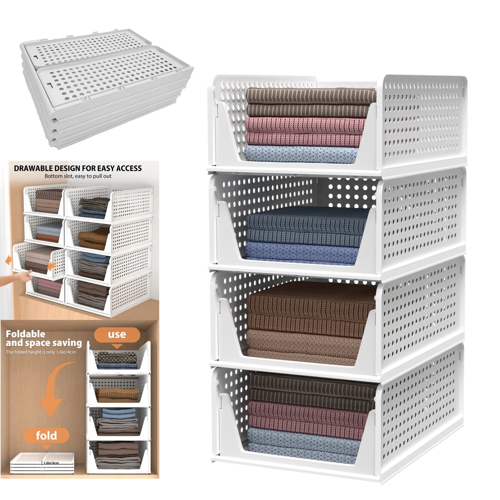 4-Pack Wardrobe Organiser - Stackable Folding Plastic Storage Baskets