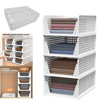 4-Pack Wardrobe Organiser - Stackable Folding Plastic Storage Baskets