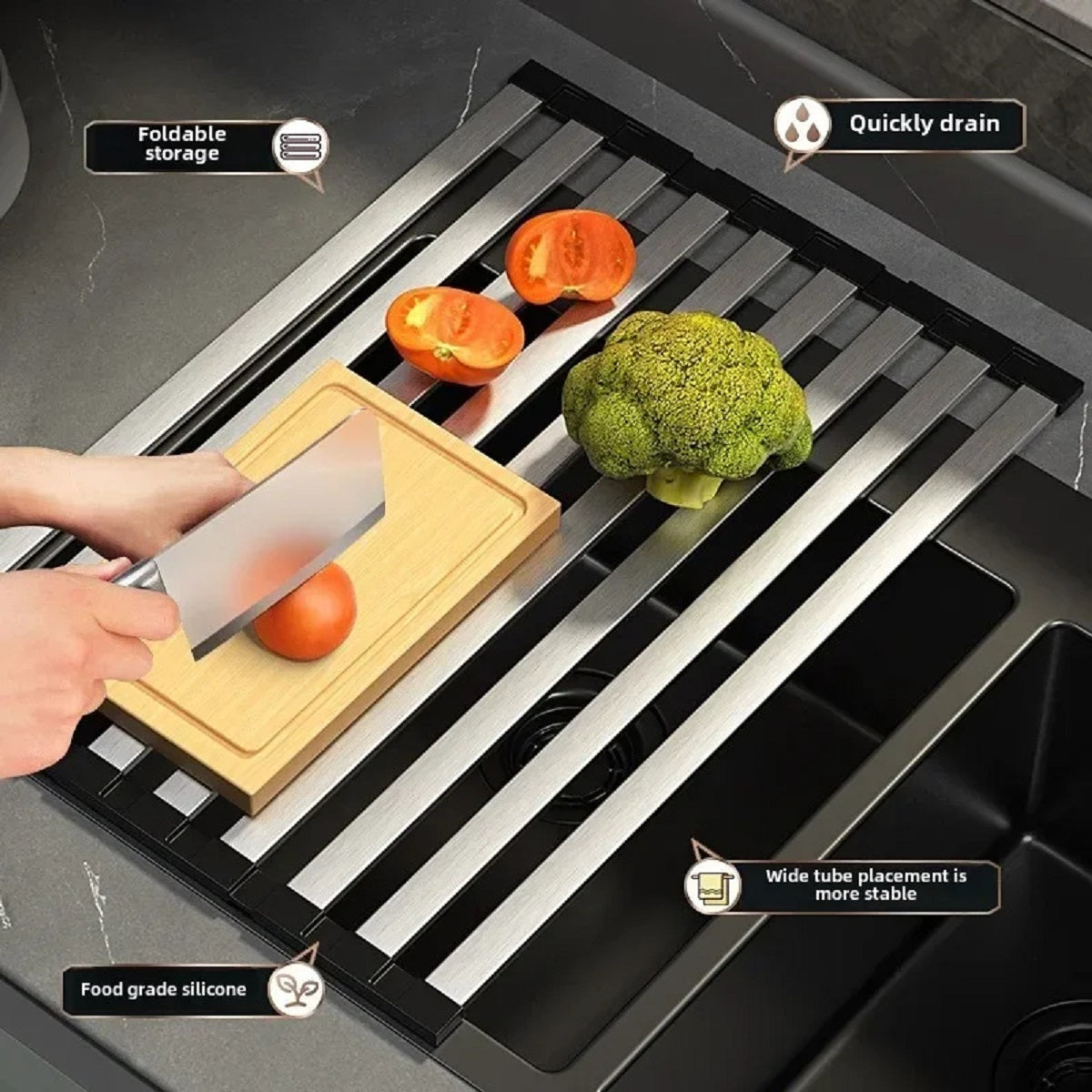 Stainless Steel Sink Drain Rack - Foldable Dish Basket