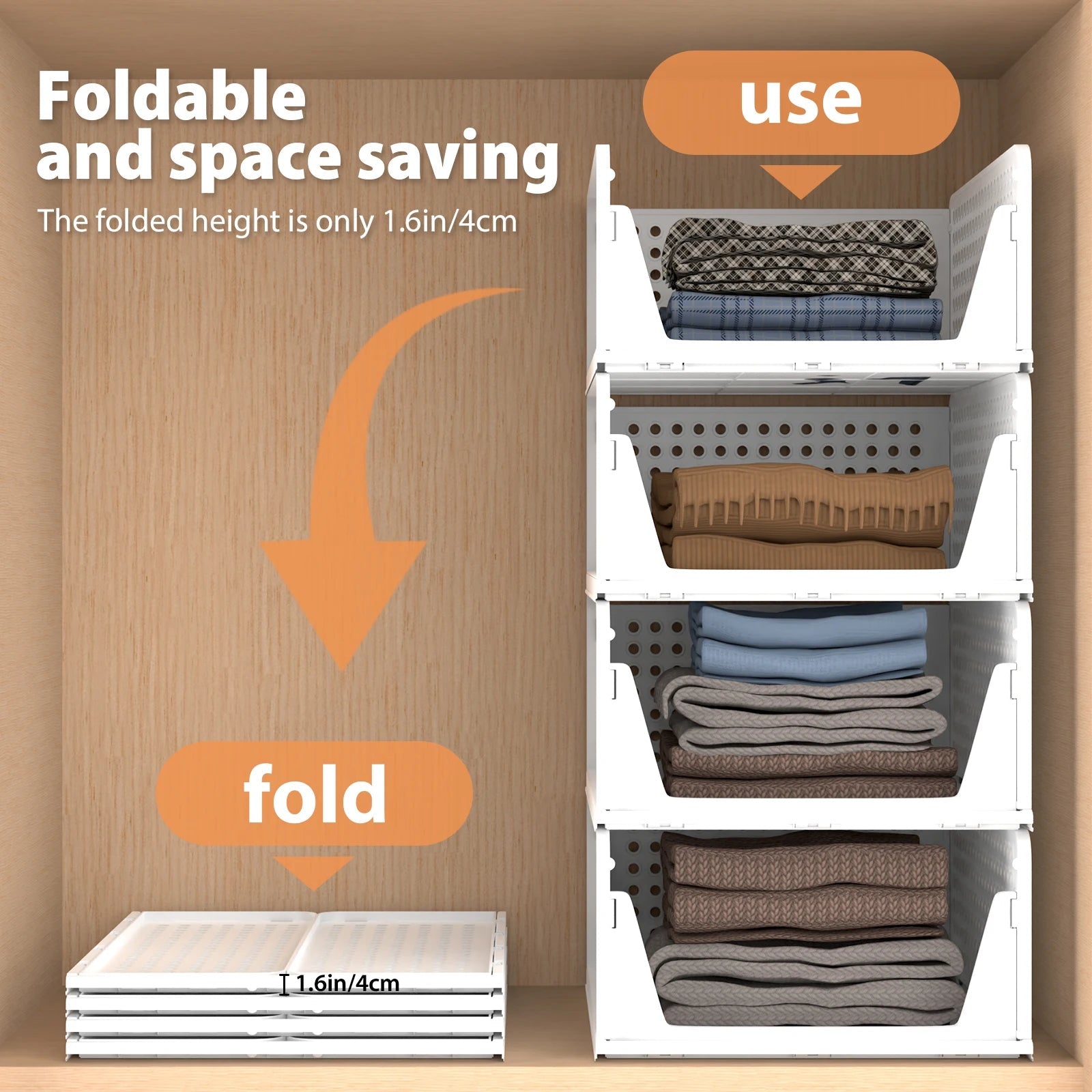 4-Pack Wardrobe Organiser - Stackable Folding Plastic Storage Baskets