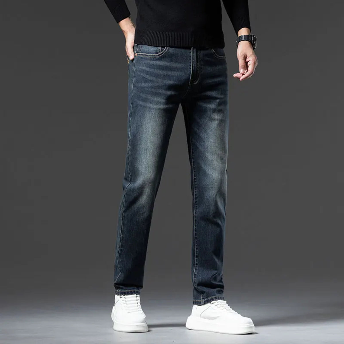 Men's Brown Vintage Winter Jeans - Thick Velvet Warm Elastic Straight Denim