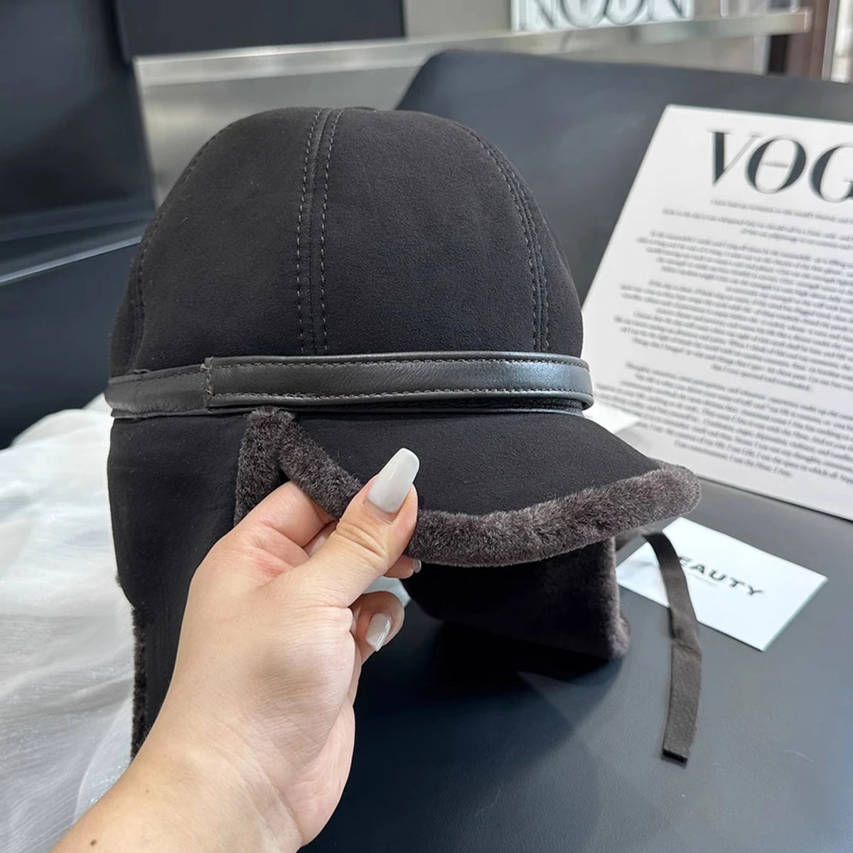 Men's Leather Winter Hat - Fur Lined Bomber Cap with Warm Earflaps