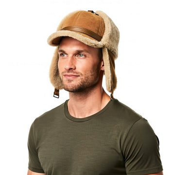 Men's Leather Winter Hat - Fur Lined Bomber Cap with Warm Earflaps
